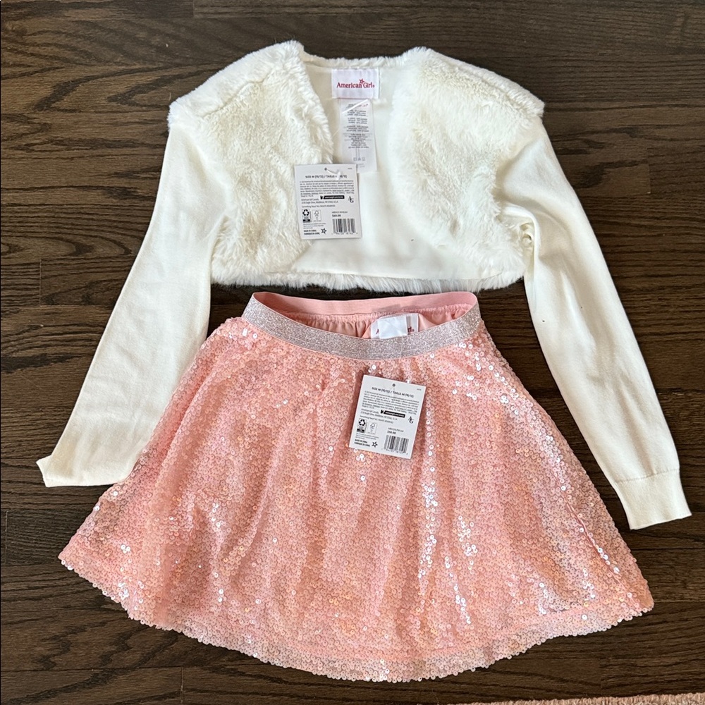 American Girl White Faux Fur Bolero with pink sequin skirt